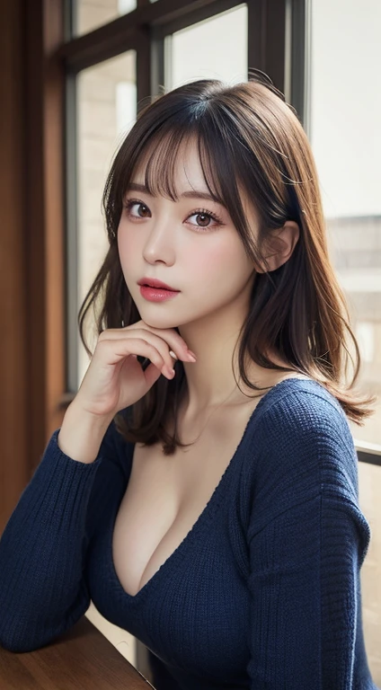 masutepiece, Best Quality, Illustration, Ultra-detailed, finely detail, hight resolution, 8K Wallpaper, Perfect dynamic composition, Beautiful detailed eyes, Natural Lip, Dark blue knitted dress , Big breasts, cleavage, Cross legs
