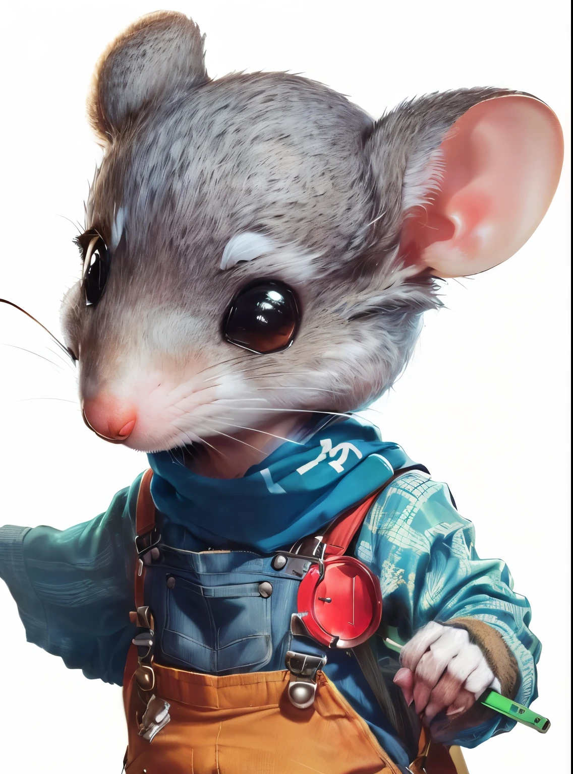 There is a mouse wearing overalls and a scarf, Anthropomorphic gangster mouse, an Anthropomorphic gangster mouse, Anthropomorphic mouse, Anthropomorphic mouse, an Anthropomorphic mouse, Mouse in clothes, cyberpunk mouse folk engineer, Portrait of a crazy mouse, Stanley Mouse, 3d Anthropomorphic mouse