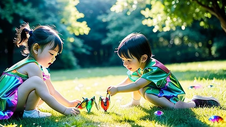 Children playing with beautiful iridescent jewel beetles in the grass、Children playing with colorful jewel beetles in the forest、
