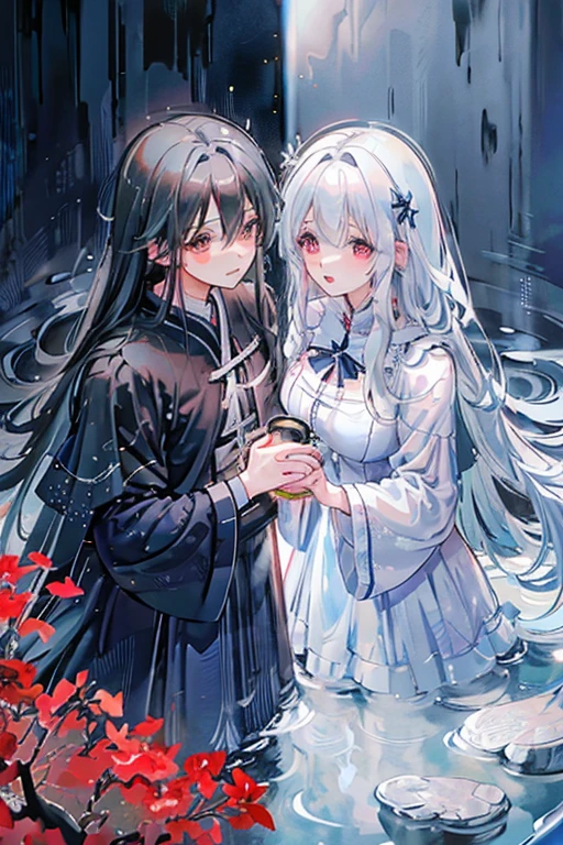 Beautiful anime art: divine couple: a cold girl with silver hair in a blue and white flowing dress and a dark, strong guy with black hair in scarlet and black flowing clothes