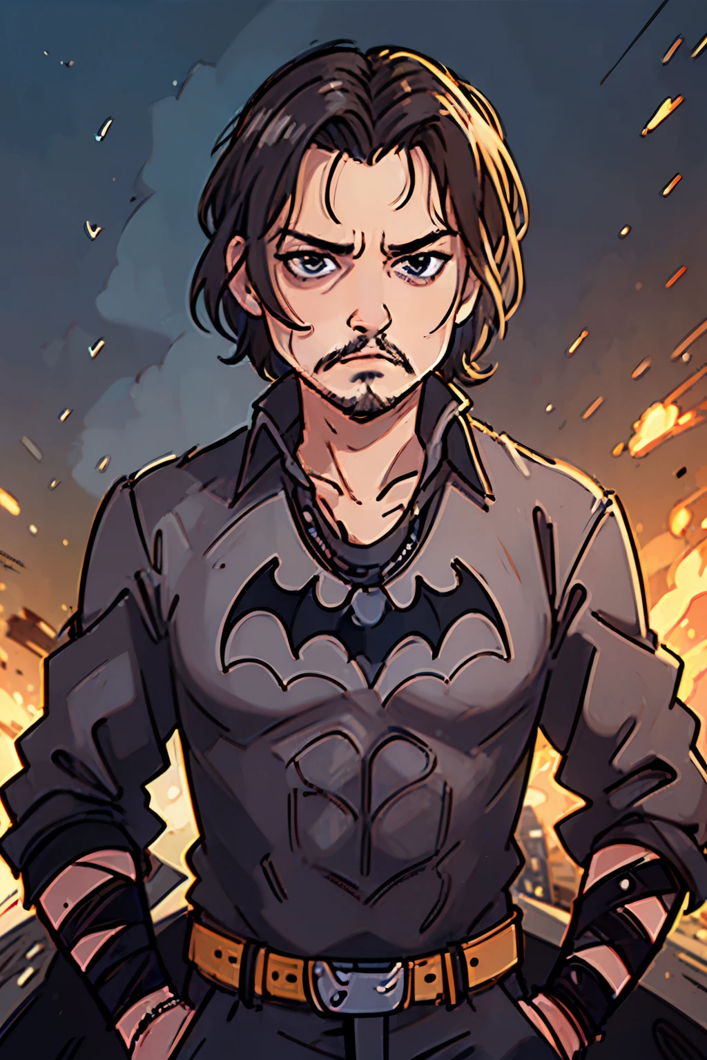 (best quality, high resolution: 1.2), ultra-detailed, photorealistic: 1.37, Johnny Depp in a Batman suit, powerful look, saving the city from destruction, epic atmosphere, anime stylization, high quality, high detail