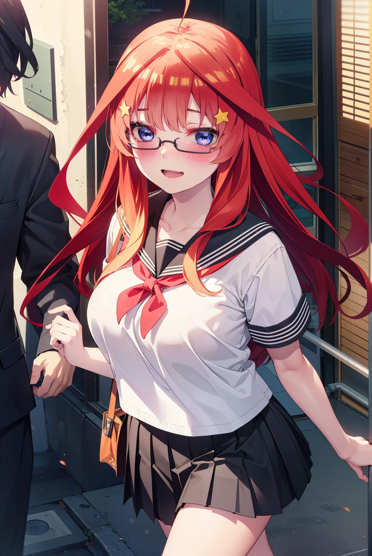 itsukinakano, Itsuki Nakano, bangs, blue eyes, Hair between the eyes, Ahoge, Redhead, star \(symbol\), hair ornaments, star 髪飾,blush,smile、happy smile, smile, Open your mouth,Akagi glasses,Big Breasts,Japan High School Girl(Black sailor suit),Short sleeve,black pleated skirt,Black knee-high socks,Brown loafers,Walking,morning,morning陽,The sun is rising,whole bodyがイラストに入るように,Walking上から見下ろす,
break outdoors, In town,Building district,
break looking at viewer, whole body,
break (masterpiece:1.2), highest quality, High resolution, unity 8k wallpaper, (figure:0.8), (Beautiful fine details:1.6), Highly detailed face, Perfect lighting, Highly detailed CG, (Perfect hands, Perfect Anatomy),