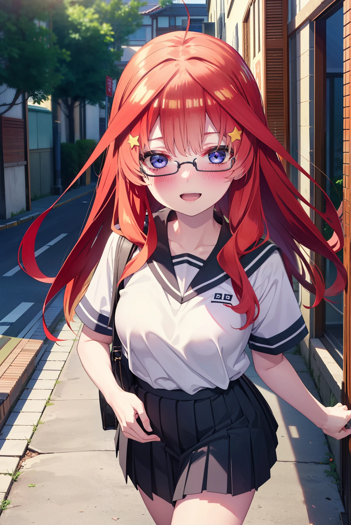 itsukinakano, Itsuki Nakano, bangs, blue eyes, Hair between the eyes, Ahoge, Redhead, star \(symbol\), hair ornaments, star 髪飾,blush,smile、happy smile, smile, Open your mouth,Akagi glasses,Big Breasts,Japan High School Girl(Black sailor suit),Short sleeve,black pleated skirt,Black knee-high socks,Brown loafers,Walking,morning,morning陽,The sun is rising,whole bodyがイラストに入るように,Walking上から見下ろす,
break outdoors, In town,Building district,
break looking at viewer, whole body,
break (masterpiece:1.2), highest quality, High resolution, unity 8k wallpaper, (figure:0.8), (Beautiful fine details:1.6), Highly detailed face, Perfect lighting, Highly detailed CG, (Perfect hands, Perfect Anatomy),