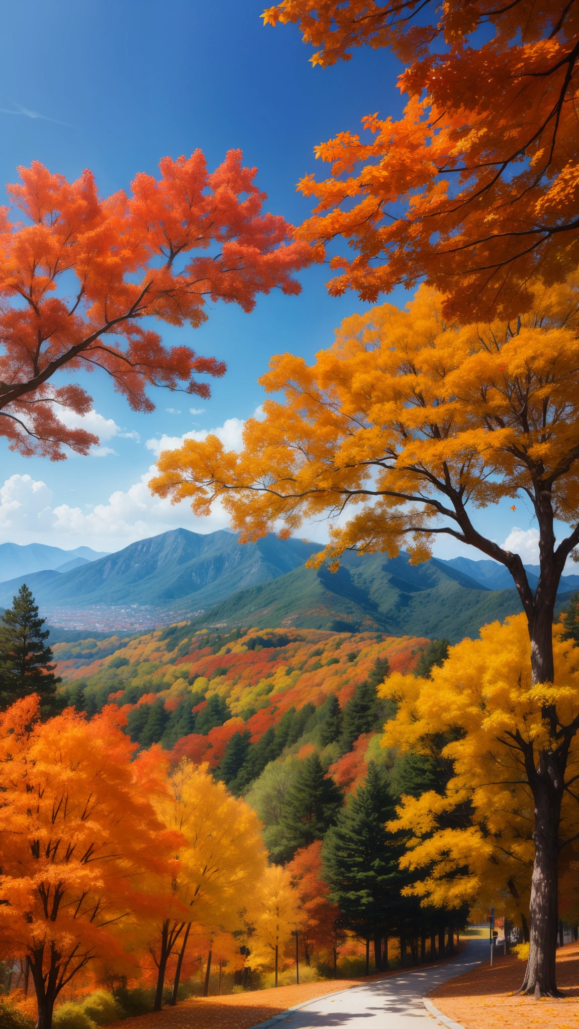 Autumn scenery、Autumn leaves are lush、Mountain全体を彩る様子が描かれている。Red or orange、Yellow leaves on a tree々Decorate、The beautiful gradation signals the deepening of autumn.。Sunlight filtering through the leaves、The way they draw patterns on the ground、It's like a natural work of art。A carpet of fallen leaves spreads out at my feet.、The scent of autumn is in the air。Mountain々is dyed in various colors、The landscape is enveloped in a soothing silence.。Falling leaves of autumn leaves、
