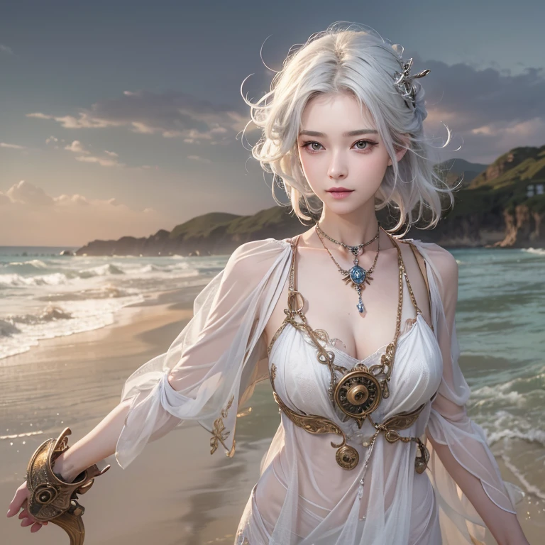 (masterpiece:1.3), (8k, Realistic, RAW Photos, Best image quality: 1.4), Fair-skinned fairy woman、Long Hair、Cleavage:2.0、Highly detailed face、Attention to detail、double eyelid、Chest to chest、Sharp focus:1.2、Beautiful woman:1.4、Silvery white hair、Highest quality、masterpiece、Ultra-high resolution、(Realistic:1.4)、Highly detailed and professionally lit smiles、Loose, Light, steampunk、Shoulder out、thin、Serious expression、Short-haired、Deadly position, One person、whole body,Walking on the beach、Gorgeous Necklace、