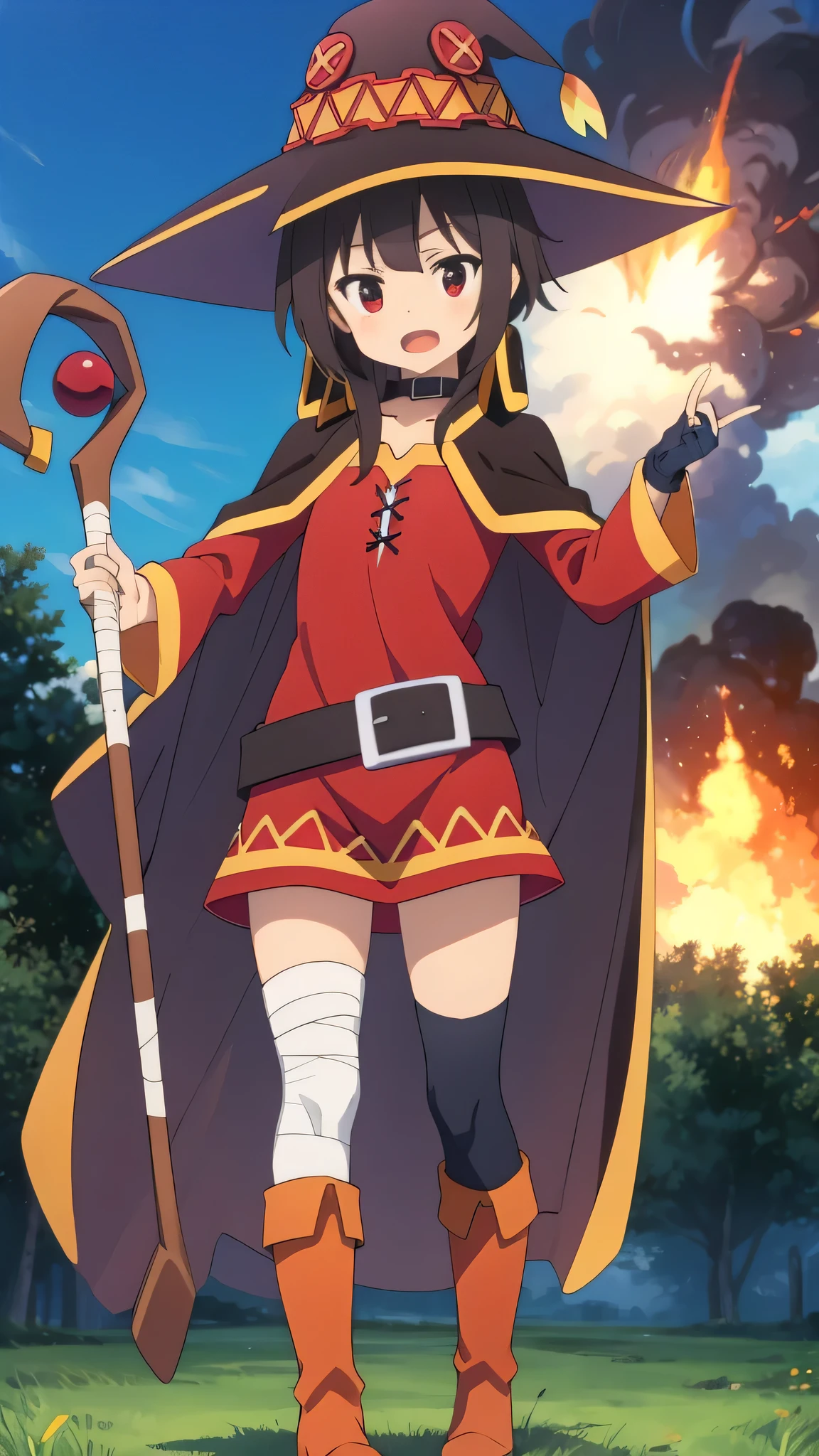 {{{masterpiece}}}, {{{best quality}}}, {{ultra-detailed}}, {illustration}, {{an extremely delicate and beautiful}}, 8k, NSFW, megumin (konosuba), Holding a cane and posing in a cool pose, casting magic, magic, staff, holding staff, bandaged leg, explosion, full body, hat, holding, open mouth, standing, boots, cape,megumin, megumindef, nuclear explosion, flame,solo, mushroom cloud,surrounded by cloud,orange theme,outdoors, outdoors, grass, casting magic, magic, staff, holding staff, explosion, full body, hat, holding, open mouth, standing, boots, cape,megumin, megumindef