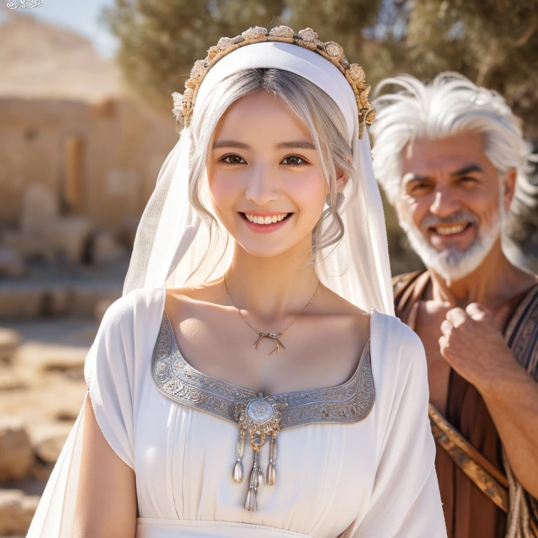 desert, Windy weather, White Wolf、 ((highest quality、masterpiece、8k、Best image quality、Ultra-high resolution、Award-winning works)、(Accurate anatomy:1.1)、(Look at me and smile:1.1)、Shining fair skin with Ultra-high resolution、The most detailed face、Ultra-high resolution detailed face、Short, flowing white hair 、Beautiful face drawn in every detail、Ancient Greek Clothing, Modest chest , A real wolf next to a girl