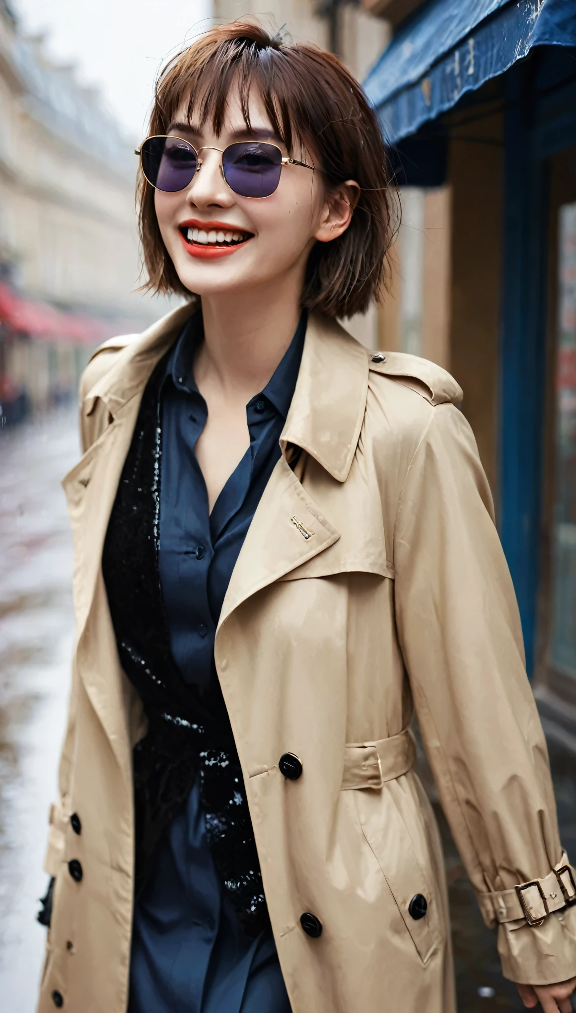 masterpiece, Top quality, illustration, {Beautiful details girl}, Beautiful light shines in the details, Cross-dressing beauty, (Black jacket and trench coat), sunglasses, laughter, Remove the fangs, vampire, Indigo eyes, rainy street corner, rain, Detailed lighting, detailedwater, (Beautiful and delicate eyes: 1.1), The expressionless palace, (short hair), Long bangs, Hair between the eyes, the top half,
