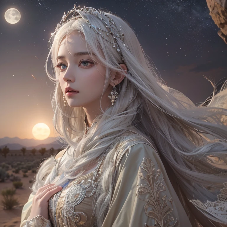 (highest quality、masterpiece、8k、Best image quality、Ultra-high resolution、Award-winning works)、A beautiful white-haired woman watches over us from afar in the desert., Where the moonlight shines.、Ancient Islamic clothing、Beautiful face drawn in every detail