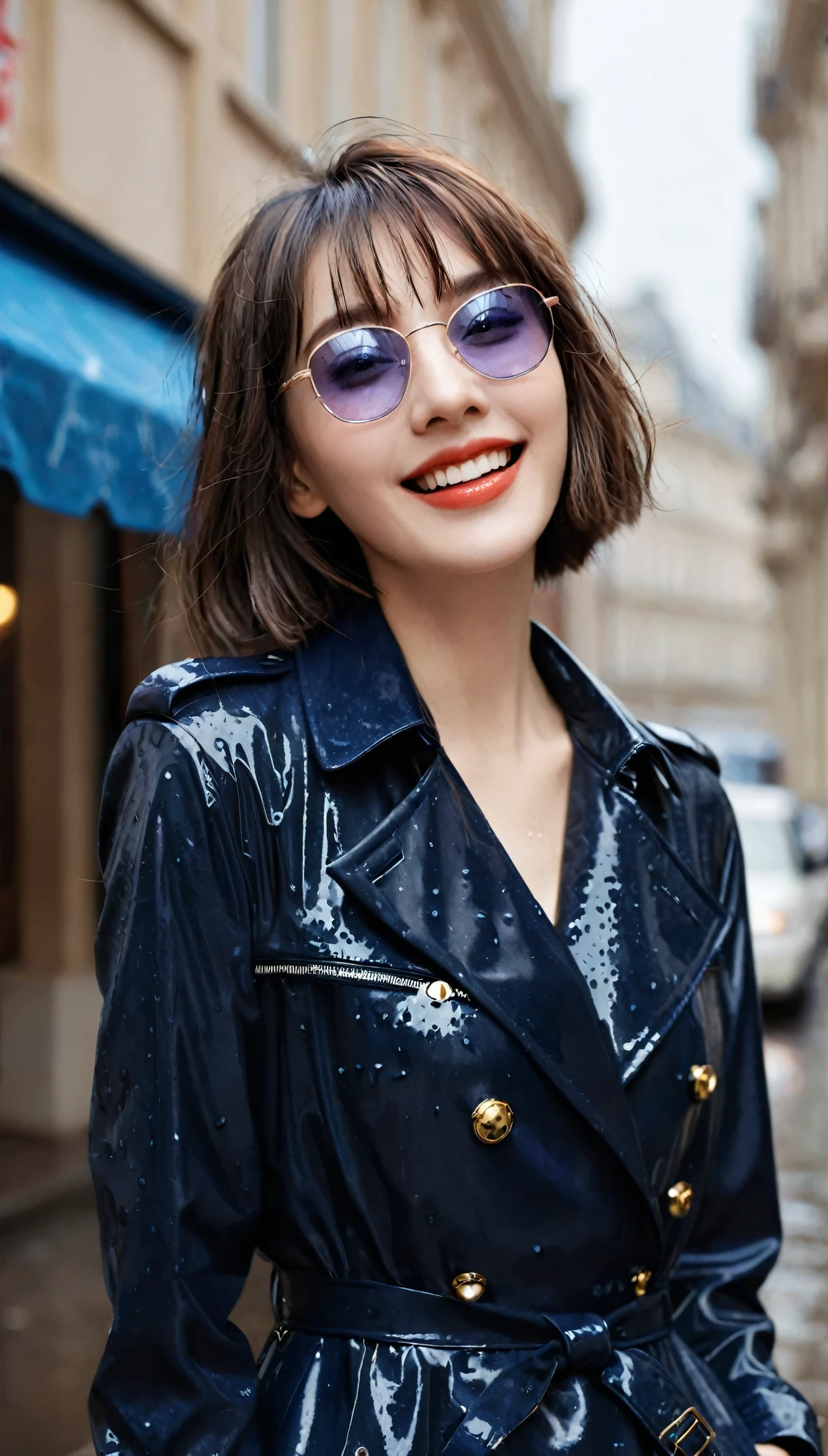 masterpiece, Top quality, illustration, {Beautiful details girl}, Beautiful light shines in the details, Cross-dressing beauty, (Black jacket and trench coat), sunglasses, laughter, Remove the fangs, vampire, Indigo eyes, rainy street corner, rain, Detailed lighting, detailedwater, (Beautiful and delicate eyes: 1.1), The expressionless palace, (short hair), Long bangs, Hair between the eyes, the top half,