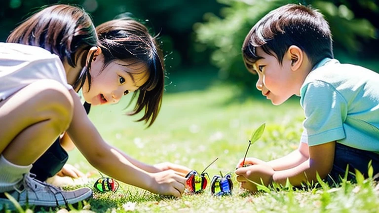 Children playing with beautiful jewel beetles in the grassland、Children playing with jewel beetles in the forest、