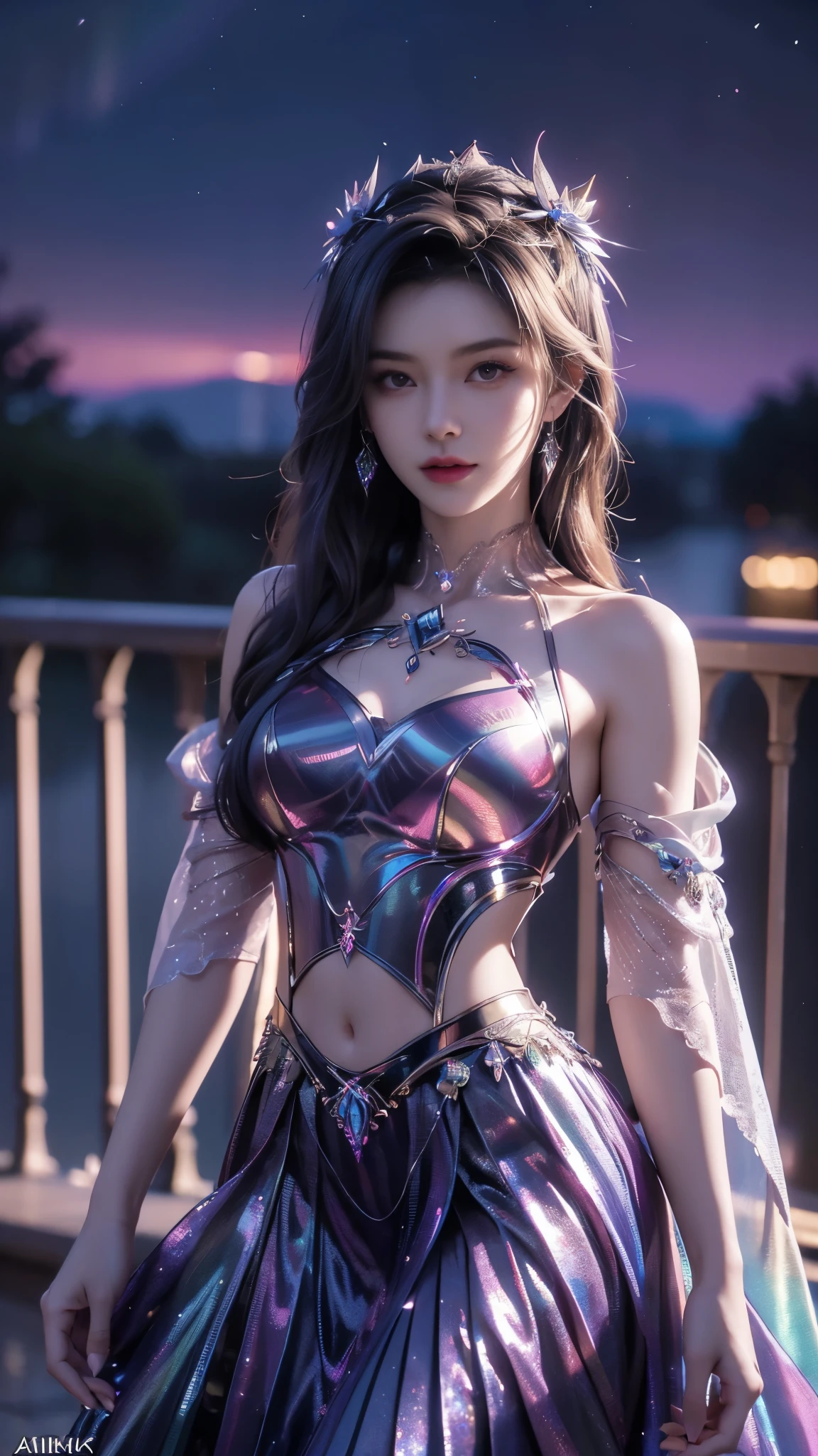 8K, UHD, MAsterpiece, best quality, 1 girl, ((realistic face)), happy pace, very long hair, small breasts, perfect waist, decorated dress, very beautiful ornaments dress, ((rainbow color)), ((lace)), mesh dress, mesh cape flowing, sardine, loops, ((ornaments)), legendary night balcony, ((night:1.5)), depth of field, cinematic lighting, chromatic aberration, motion blur, glowing light, god rays, ray tracing, reflection light, backlighting, bloom, chromatic aberration abuse, multiple monochrome, navel,