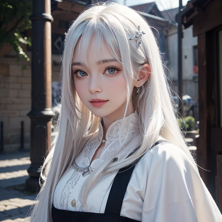 Dark atmosphere,Old European town in the background、White Wolf、 ((highest quality、masterpiece、8k、Best image quality、Ultra-high resolution、Award-winning works)、(Accurate anatomy:1.1)、(Look at me and smile:1.1)、Shining fair skin with Ultra-high resolution、The most detailed face、Ultra-high resolution detailed face、Short, flowing white hair 、Beautiful face drawn in every detail、(Blurred Background:1.1)、Georgian traditional men's costume, Small breasts, A real wolf next to a girl