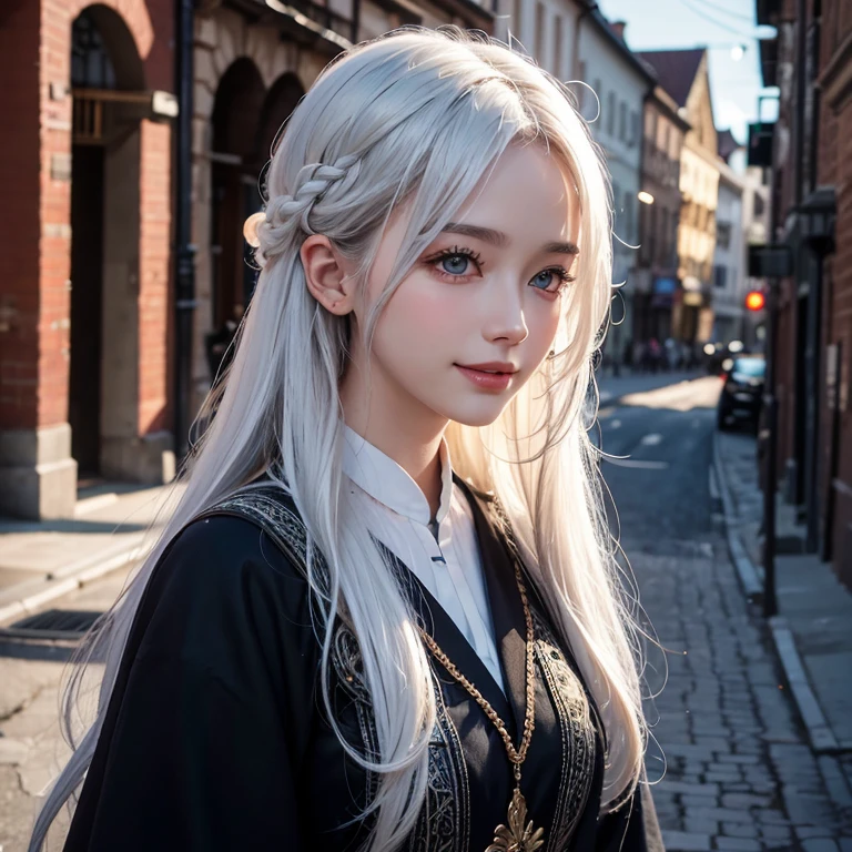 Dark atmosphere,Old European town in the background、White Wolf、 ((highest quality、masterpiece、8k、Best image quality、Ultra-high resolution、Award-winning works)、(Accurate anatomy:1.1)、(Look at me and smile:1.1)、Shining fair skin with Ultra-high resolution、The most detailed face、Ultra-high resolution detailed face、Short, flowing white hair 、Beautiful face drawn in every detail、(Blurred Background:1.1)、Georgian traditional men&#39;s costume, Small breasts, A real wolf next to a girl 