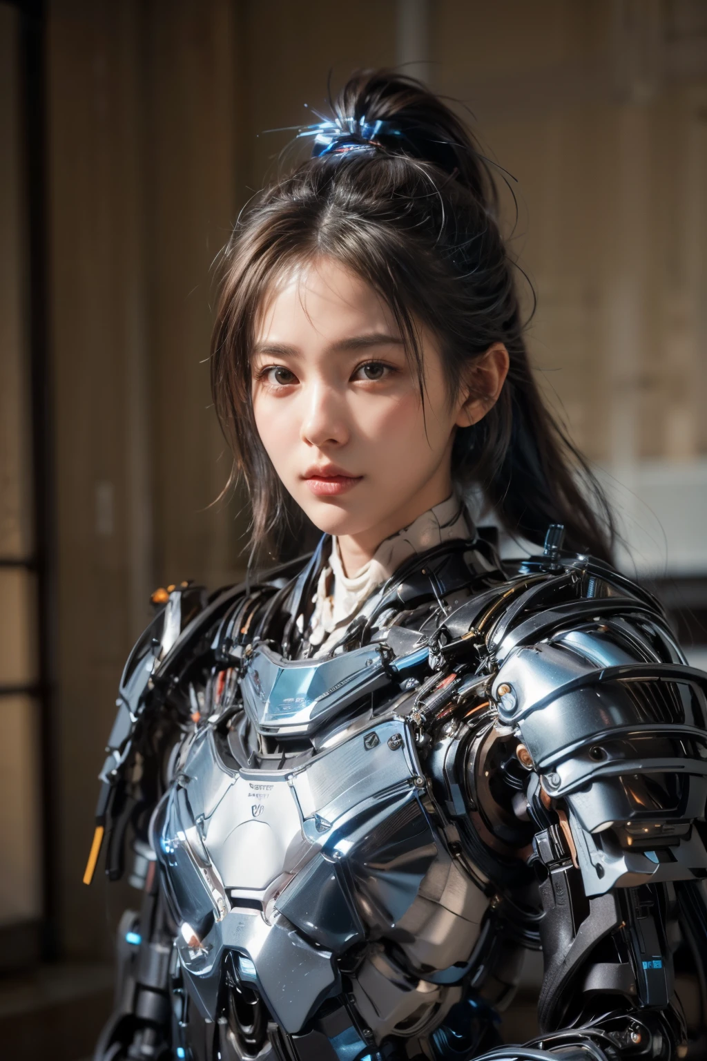 (best quality:1.2), 8k, highres, octan render, (masterpiece), extremely ultra detail, cyborgized Japanese woman, extremely ultra cute face, , skinny body, flat chest, (blue metallic mechanical frame:1.5), (Power cables connected throughout the body), detaile up, Instead of hair, there are cables growing out of it, mechanical fusion, mechanical skeleton, bio mechanics, mechanical life-form, highly intricate detail, extremely ultra real texture, human-like skin, realistic hair, ultra realistic details, professional lighting, (realistic:1.4), (RAW photo:1.2), (photorealistic:1.37)