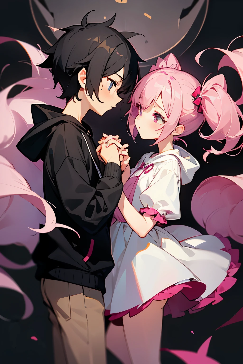 Style little girls and boys(Lori、Shota)
Couple composition of two men and women, front view, pose, holding hands, character, young girl(Lori)...Mass-produced female clothing: Strawberry mass-produced one-piece dress Hairstyle: Twin tails Pink hair Eye color: Pink Eye shape: Droopy eyes Boy(Shota)…Clothes: Black hoodie Hairstyle: Black hair, jet black mash Eye color: Normal shape
