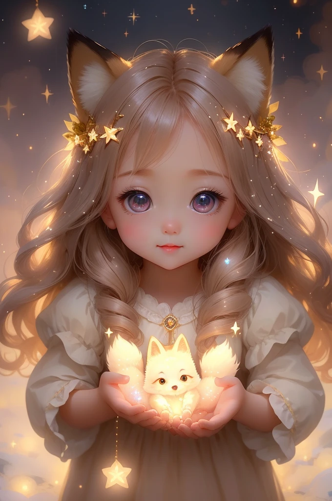 Fox、Cute and gentle、Doll-like eyes、Starlight、Supernatural、Another world、Ultra Detail、bright fur、Magic Lighting、trajectory、 Light dust、beautiful、Cinematic lighting、 Bokeh effect