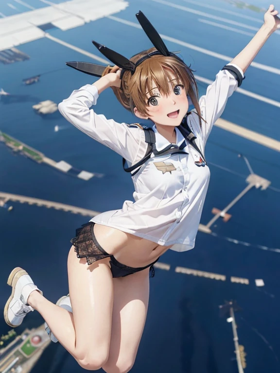 {(masterpiece,best quality, 8K UHD, extremely detailed CG, detailed beautiful face and eyes and skin and hair)}, {(kyoani style:1.4), (3d ultra realistic photo graphic:1.4)}, {(Free fall from Altitude 10000m:1.4), (out of focus background:1.4)}, {1woman, medium hair, Ponytail hair with braids, medium breasts, forehead}, {(strike_witches:1.4), (white small_lace_panties:1.1), (military shoes:1.1)}, {(spread thighs), (throw one's legs out)}, {(cheerful:1.4), (candid shot), (hair stands on end in the wind)}