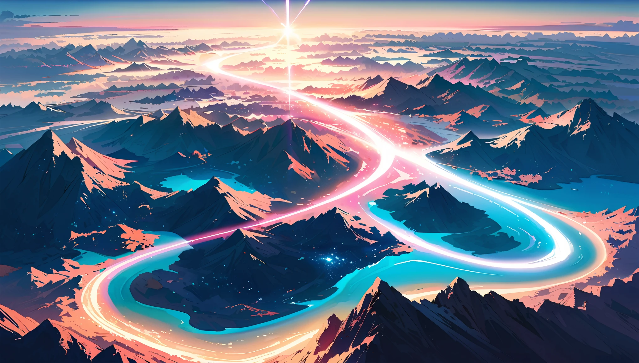 A view of the vast expanse from above, with clouds and stars creating an ethereal atmosphere. The ground is covered in crystal-like structures that form mountains and rivers. A bright beam shines down on one area, illuminating it. In the style of cinematic, hyperrealistic, high resolution, clear colors, and high detail.