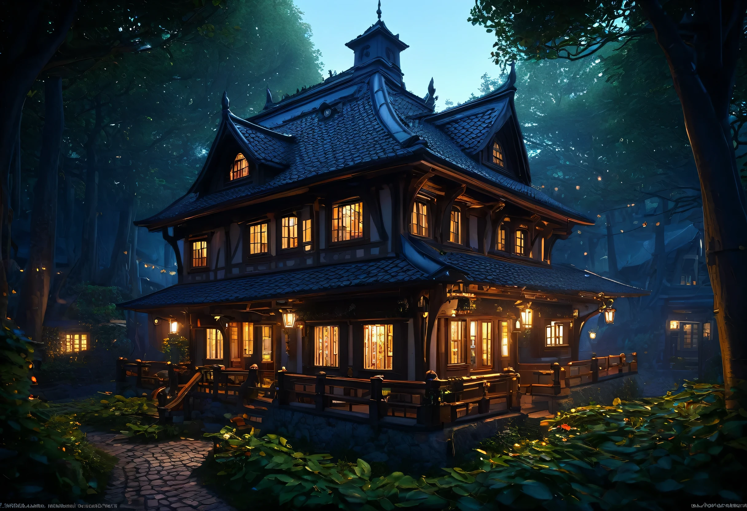 There is a house with many windows that are lit up at night., fantasy house, A pleasant and enchanting scene, Beautiful depiction of a fairy tale, realistic fantasy render, Inspired by Andreas Rocha, Andreas Rocha Style, Dark fantasy setting, ultra detailed fantasy, Fantasy Highly detailed, A multifaceted cozy izakaya, cottage in the woods, 8k high quality detailed art