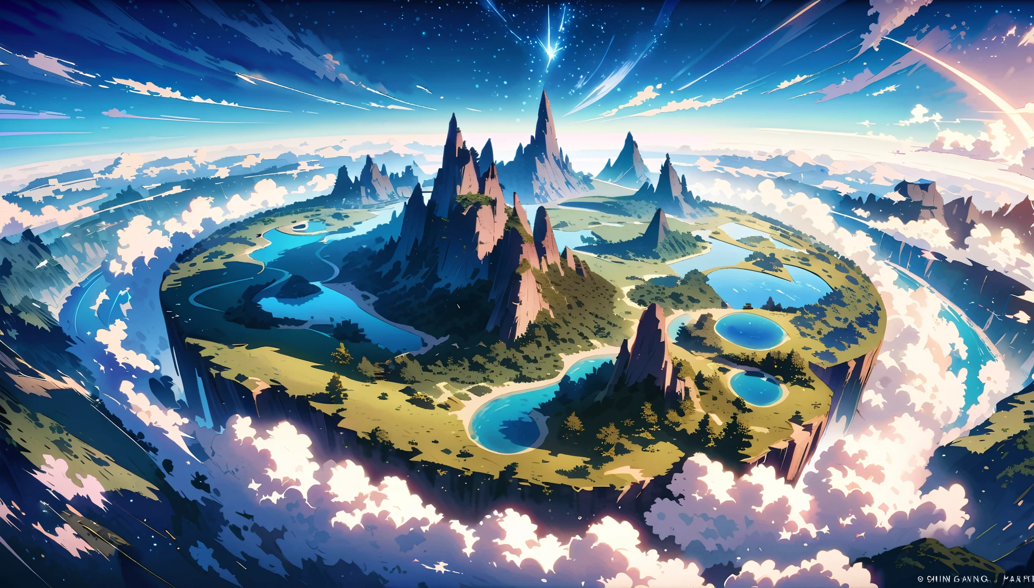 A vast fantasy landscape of an alien planet, above the horizon is a giant star with many stars around it shining down on earth like god rays. The sky looks like clouds but made out of crystal clear water and the ground has beautiful intricate rock formations that cover the land in patterns. Cinematic photography in the style of unreal engine.