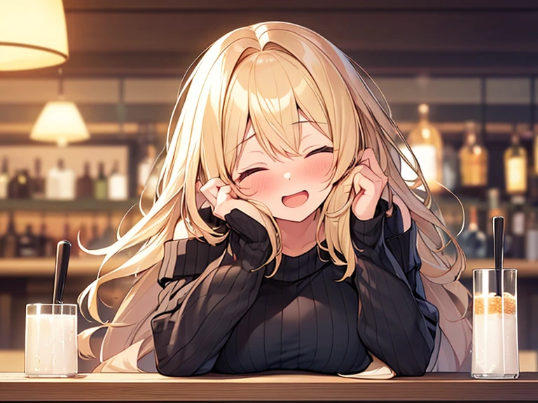 Masterpiece, Top quality, (1 beautiful girl :1.2), Blonde, medium hair, wave hair, airy hair, 24 year old, medium breasts, standard weight, off shoulder sweater, laugh with open mouth, nose blush, drunk, hands up, elbows on table, face palm, closed eyes, beautiful scene of bar, blurry background, magnificent panorama view, glass with alcohol, close up, from front