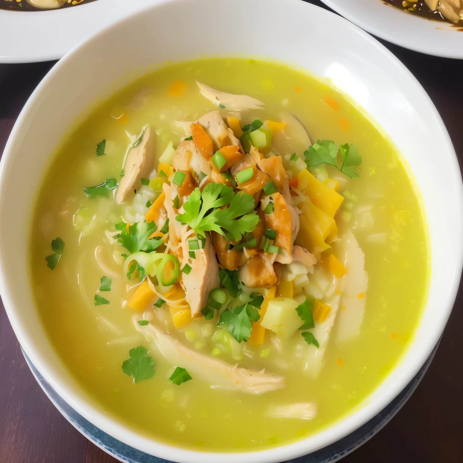 there is a bowl of soup with chicken and vegetables in it, salmon khoshroo, aji de gallina, competition winning, yummy, full of greenish liquid, wonderful masterpiece, mmmmm, lime and gold hue, good soup, in style of thawan duchanee, green, ❤🔥🍄🌪, 4 0 9 6, greenish tinge