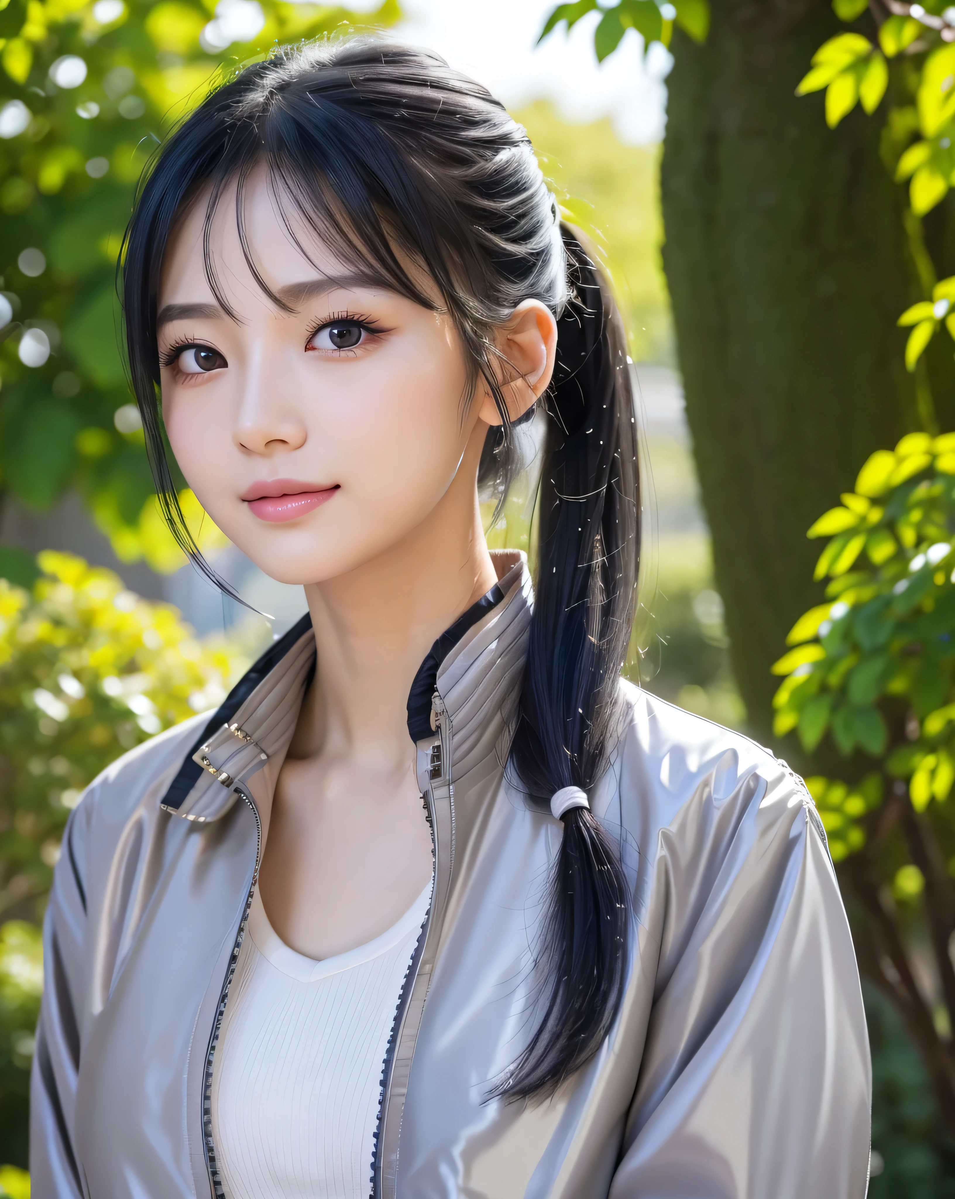 (highest quality), ((32k)), (High resolution), (Masterpiece:1.5), marimo_jet, god々A photograph with brilliant dazzling and healing power., ((Illuminated by the strong light of midsummer)), Evoking a sense of calm and elusive beauty, Expressing emotions, Have a rich imagination, Beautiful Japanese Girls, Low angle bust shot, Beautiful perfect fingers, v sign, peace sign, An exceptionally beautiful face, Small Face Beauty, Perfect Human Anatomy, Magical big eyes, Deep Love, A fleeting smile, Motherhood and generosity, ((Shiny black hair:1.3), (Beautiful ponytail)), Asymmetrical bangs, Hair between the eyes, Transparent, soft white skin, Neat, thin eyebrows, double eyelid, Natural Makeup, Cheek highlighter, Pale pink detailed lips, ((Grey jacket:1.4)), White cutter shirt with red tie, University courtyard, Detailed summer sky, Slim figure with ample breasts, High resolutionの美しい太もも, Hair that shines in the gentle sunlight, Professional Lighting, Professional Photographer, Professional Model, God's Secret