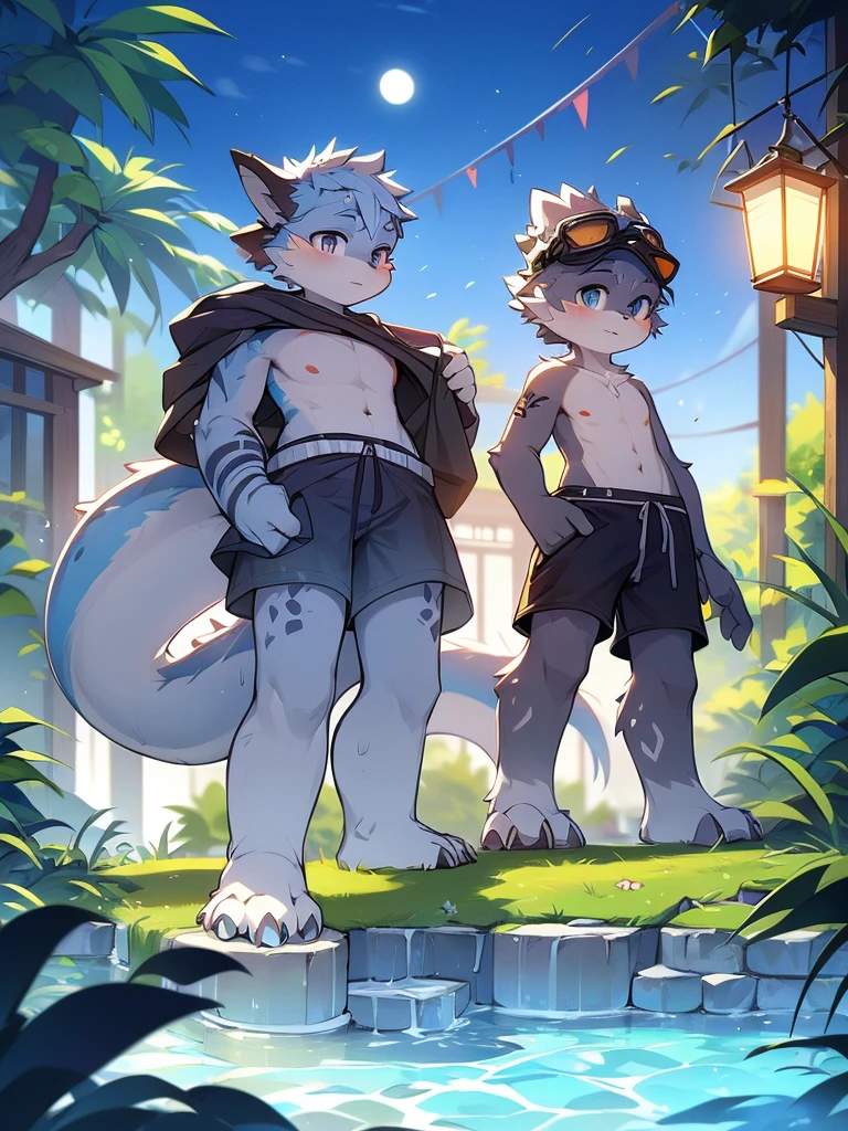 gray chinese dragon boy，Gray fur，Topless, mammal, hairy，Gray Eyes，upscale hotel，Transparent swimming trunks quality，goggles，moon tattoo