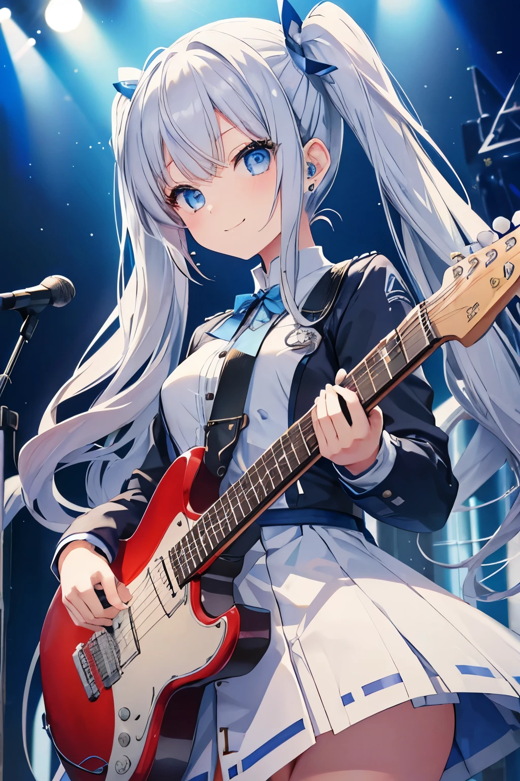 Silver-haired blue eyes、 girl、Small breasts、Twin tails、uniform、smile、Blue Baseを弾いている、Music Festival、Blue Base🎸、gal girl、Wearing cute earrings