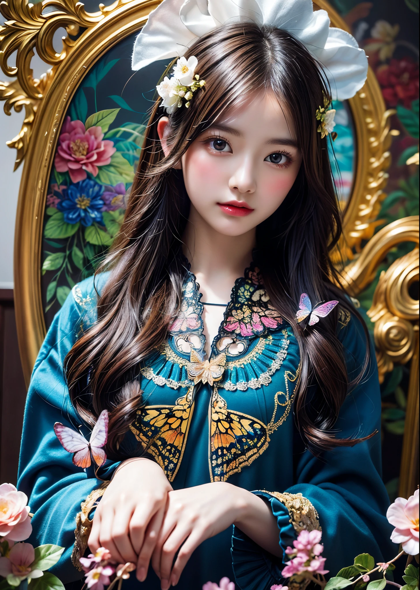 (masterpiece, highest quality, highest quality, Official Art, beautifully、aesthetic:1.2), (1 girl), Very detailed,(Fractal Art:1.3),colorful,Most detailed, Background with fractals and assorted flower and butterfly details