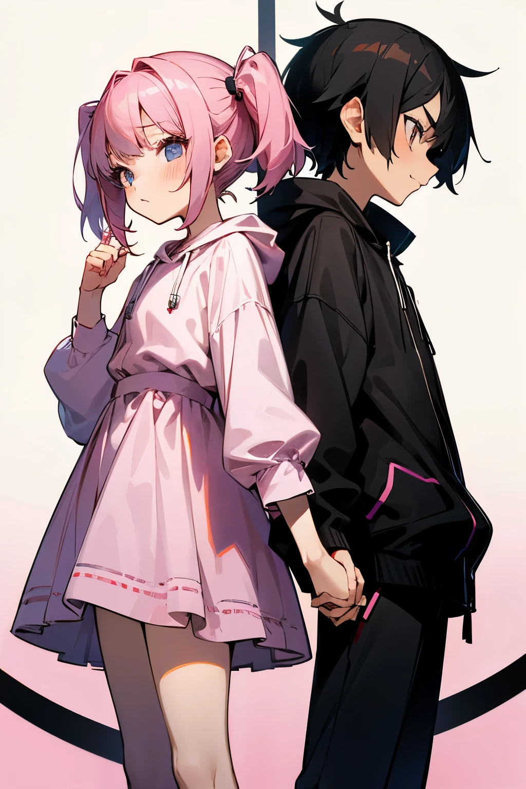 Style little girls and boys(Lori、Shota)
Couple composition of two men and women, front view, pose, holding hands, character, young girl(Lori)...Mass-produced female clothing: Strawberry mass-produced one-piece dress Hairstyle: Twin tails Pink hair Eye color: Pink Eye shape: Droopy eyes Boy(Shota)…Clothes: Black hoodie Hairstyle: Black hair, jet black mash Eye color: Normal shape