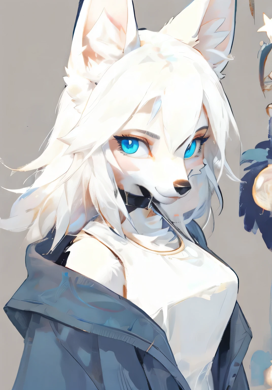 (high quality, breathtaking),(expressive eyes, perfect face) 1 girl, female, One, fluffy, ,white fur, white kitsune, white fox, portrait, symmetrical eyes, headshot, animal ear fluff, bald tail, headshot, Blue eyes, 
