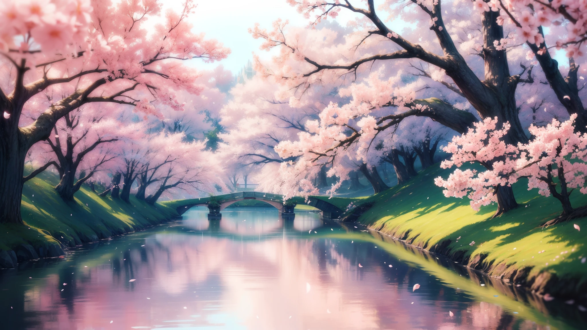 The spring scenery comes into view。Cherry blossom petals fluttering and dancing on the water、It sways gracefully as if being lured by the wind.。Pale pink petals、It blends beautifully with the blue sky reflected on the water.、Feel the coming of spring。Warm sunlight on the tree々Through the gap、The way the soft curtain of light falls on the ground along with the petals、It's the very breath of spring.