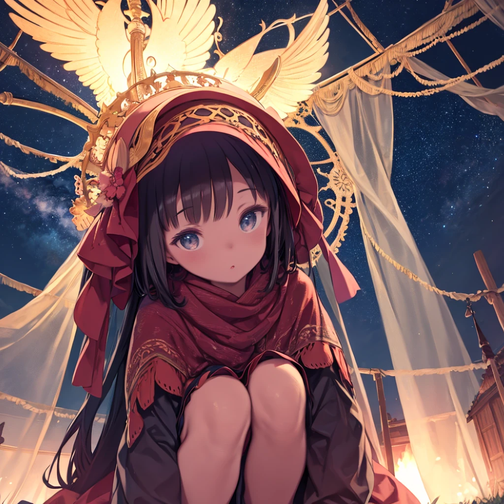 masterpiece、highest quality、High resolution、Very detailed、Medium wide shot、Beautiful eyes、Girl、Bonfire、camp、Crouching、tent、night、Starry Sky、Angle from below、
