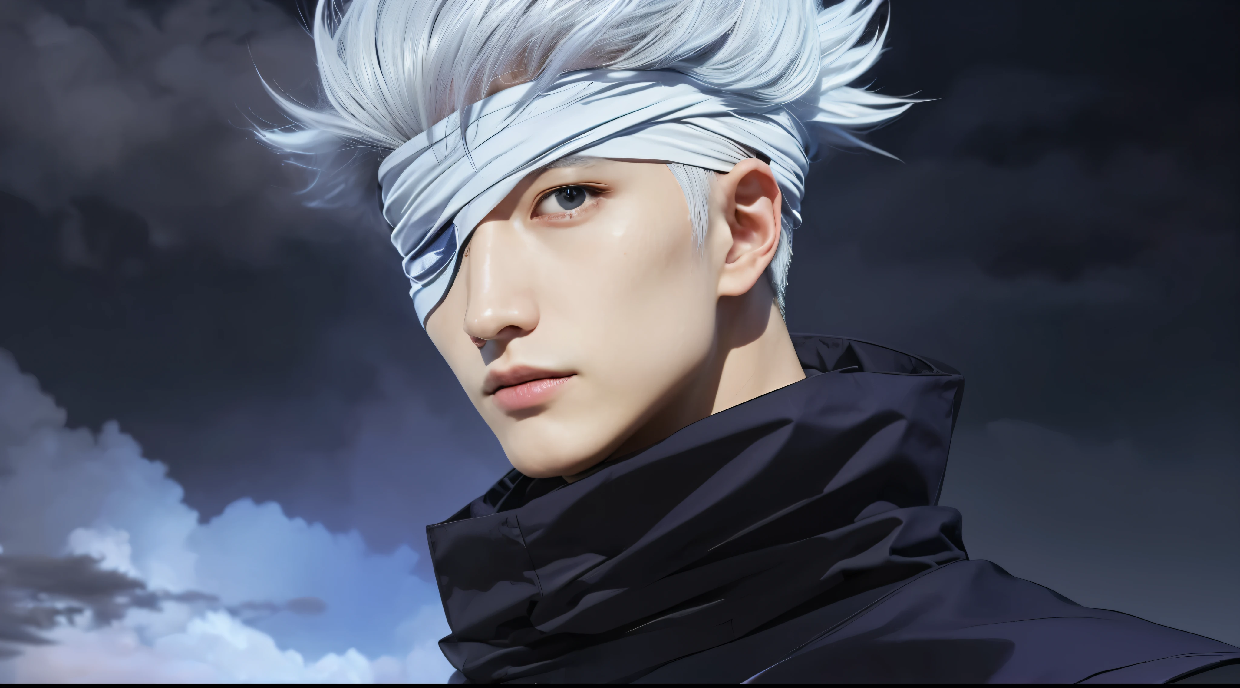 A 28-year-old blue-eyed Japanese man with silver-white hair. He has one eye covered by a white cloth with the other eye looking towards the camera. Dark clouds in the background. Wearing a dark purple almost black turtle neck .