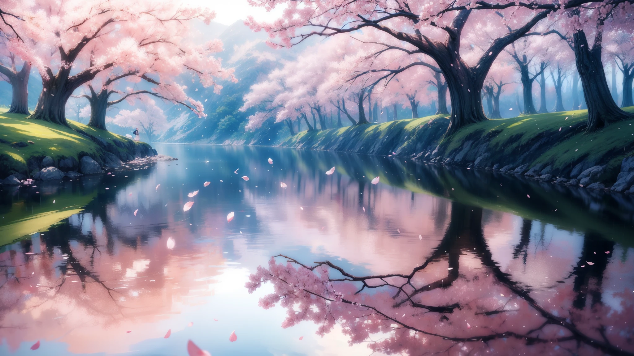 The spring scenery comes into view。Cherry blossom petals fluttering and dancing on the water、It sways gracefully as if being lured by the wind.。Pale pink petals、It blends beautifully with the blue sky reflected on the water.、Feel the coming of spring。Warm sunlight on the tree々Through the gap、The way the soft curtain of light falls on the ground along with the petals、It's the very breath of spring.