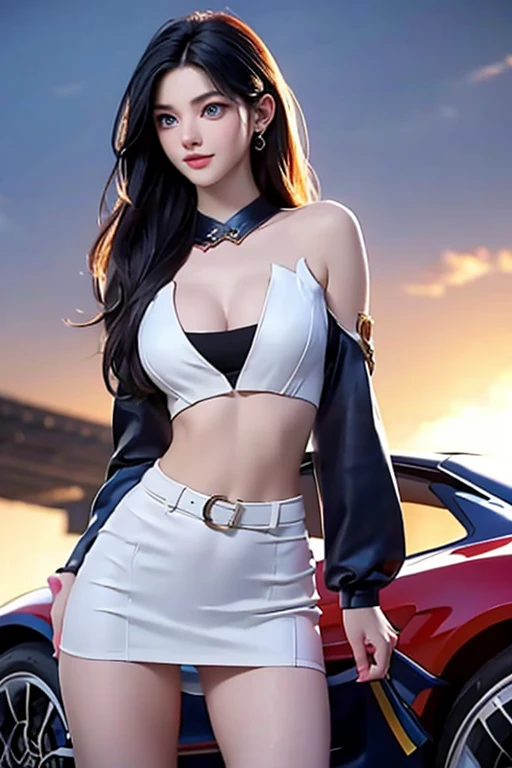 A captivating representation of a young and beautiful racing model with an extremely beautiful face framed by black hair and blue eyes , her figure is breathtaking, Meticulously rendered with perfection in every detail, looking attractive in a sexy pose next to a racing car. She exudes natural charm and seduces onlookers with her captivating presence. Wearing a sexy two-piece outfit that emphasizes your curves, she perfectly displays the elegance and sensuality of the racing worldhot beautiful