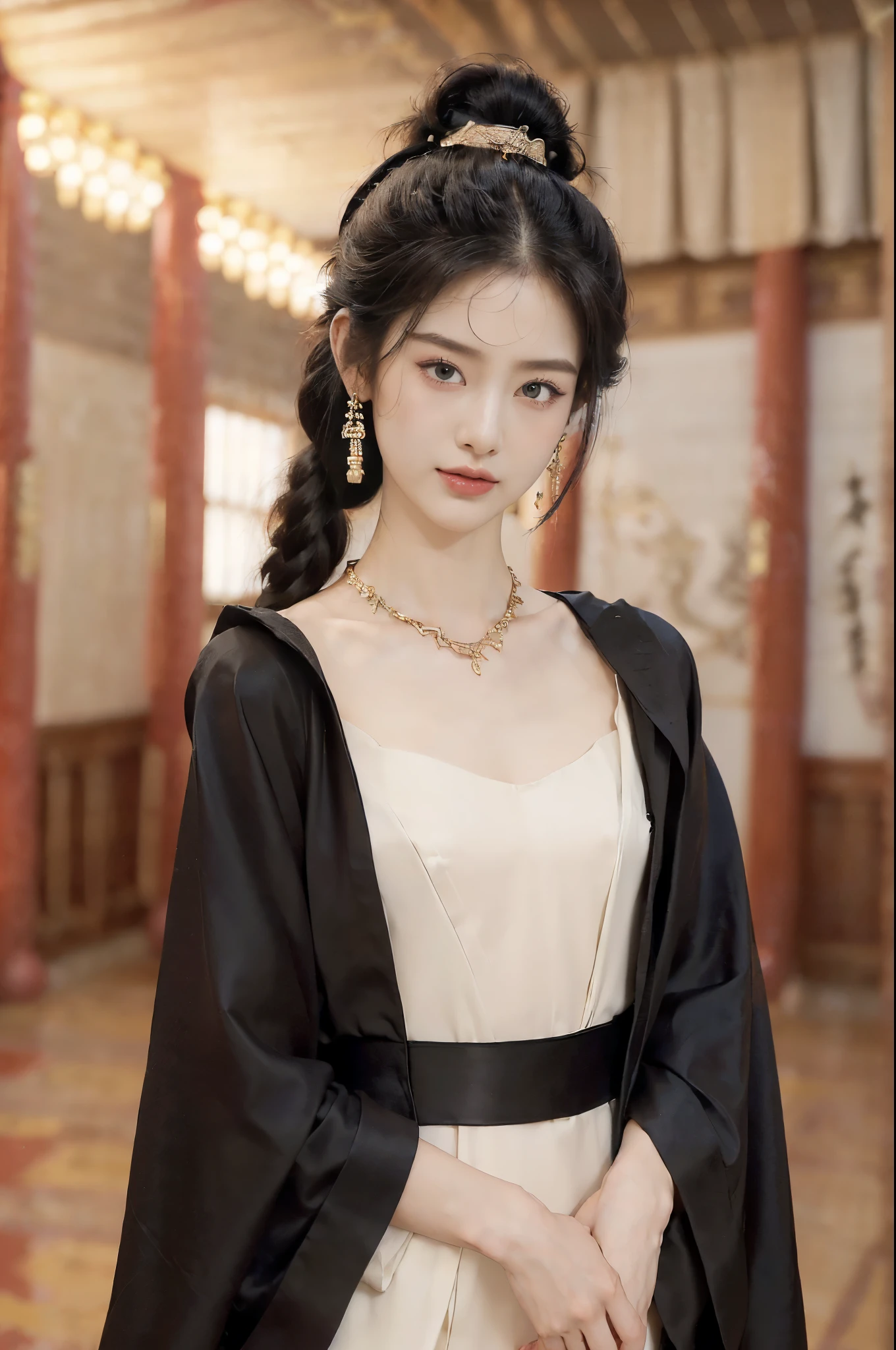 ((((8k))),((Extremely meticulous CG)) ,(wallpaper),16k,((Extremely refined and beautiful)),(((Masterpiece))),(((best qualtiy))),(((Ultra High Resolution))),beautiful light up,realistic shaded,(Smooth and flawless fair skin:1.5),(pale skin:1.3),(Extremely exquisite facial details:1.2),(perfect body:1.2),(ultra-detailed:1.5),((A beautiful girl,solo)),(small head:1.2),(short ponytail:1.3),(slender face:1.3),(Exquisite makeup:1.2),(earings:1.2),(necklace:1.2),((slim,thin)),(laughing:1.2),(gorgeous robe:1.5),(small breasts:1.2),(flat chests:1.2),(hakama:1.3),(night scene:1.5),(dim light:1.3),(indoor:1.3),(In the main hall of Buddhist temple:1.5),(The wall is filled with Buddhist scriptures:1.3),(Extremely luxurious decoration:1.3),(detailed background:1.5),(standing:1.3),(arms behind back:1.3),(upper body:1.3),(from front:1.3)