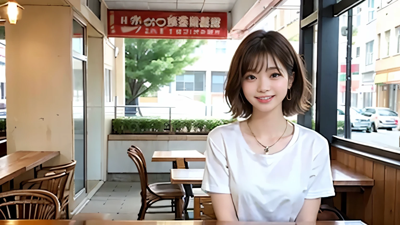 super high quality, Short Hair, Slender, Gravure photoshoot, The staff is working at the counter in the back., (8k、RAW Photos、highest quality、masterpiece:1.2), Japanese Idol, Shaggy, Stylish café, The cafe is crowded with people enjoying themselves., (Realistic、Photorealistic:1.37), Mesh Hair, Urban Cafe, Golden Ratio, Raw photo, Cute face , Light Brown Hair, Earrings, Small breasts, Bright cafe interior, Beauty salon model, Spring Clothes, necklace, Spoiled, Cafe Terrace, Open Cafe, Smile, Hair blowing in the wind, Neat clothes, T-Shirts, 18-year-old, younger sister, 
