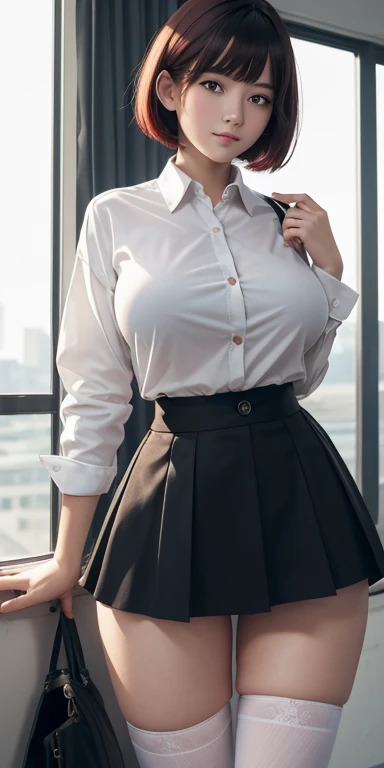 masterpiece, 1 Girl, 8k quality, in a loose school black skirt, hair color: red, in a button-down shirt, in school stockings, very short hair, thick thighs, bottom view , perfect, (hair fluttering in the wind), Russian, slight smile,thick thighs, clear eyes, Clear face, masterpiece, perfect anatomy, with big breasts 