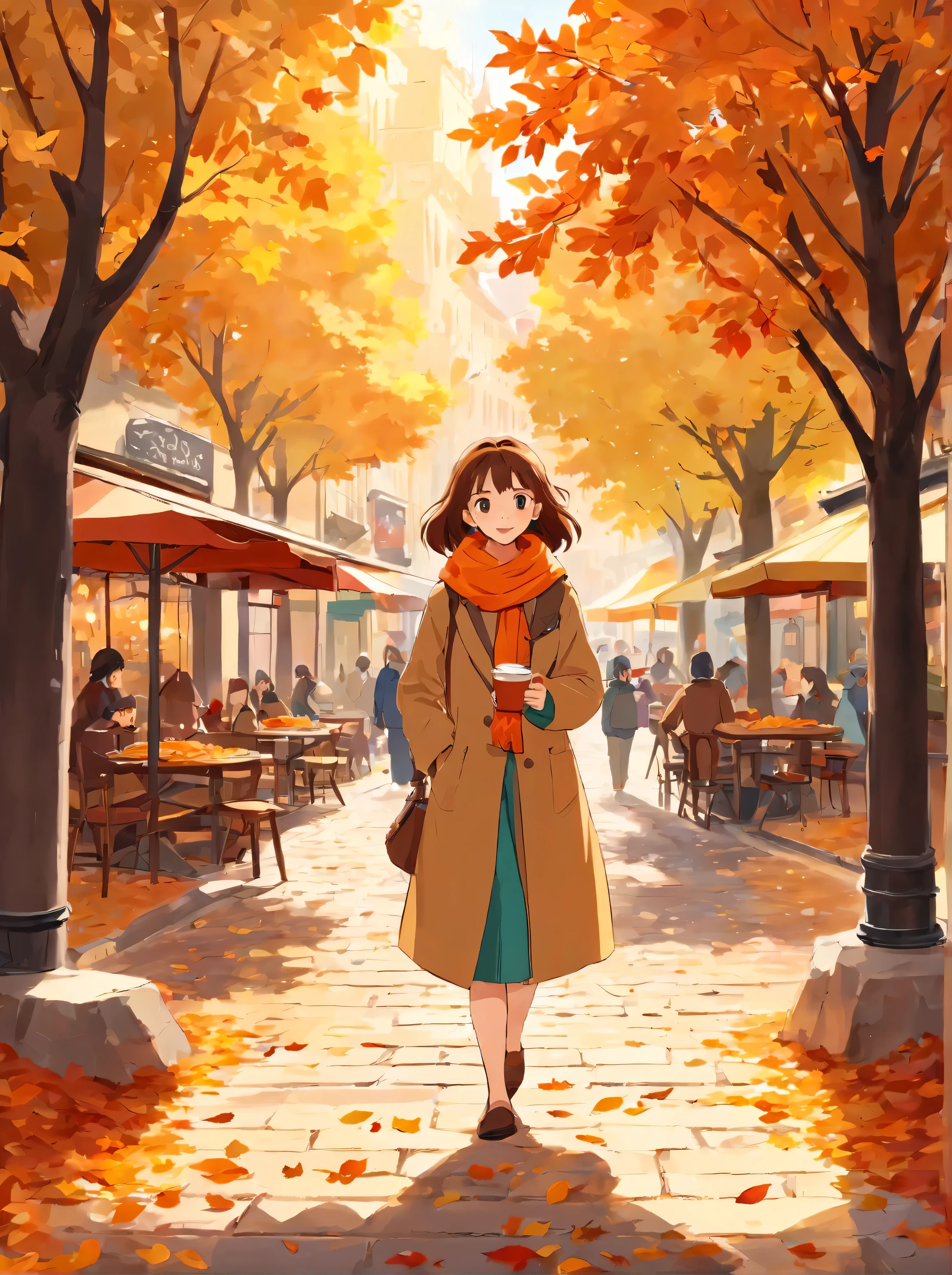 (Best quality,4K,8K,A high resolution,Masterpiece:1.2),(paper art:1.2,The art of paper:1.3),Ultra-detailed,(Realistic,Photorealistic,photo-realistic:1.37),Autumn Street,illustration,Beautiful autumn colors,Vibrant foliage on sidewalks and streets,Cozy atmosphere,Fresh air,People strolling on the sidewalk,Warm golden sunlight pours down through the trees,Seasonal décor adds charm and warmth,The leaf-covered ground crunched under the sound of footsteps,Nostalgic architecture with intricate details,Narrow cobbled streets wind through the city,Historic building with colorful facades,Bustling café,Outdoor seating available,People enjoy hot drinks and chat,Fallen leaves swirl in the breeze,Soft shadows cast by trees,Picturesque town square,There is a majestic fountain,The leaves float gently in the water,Fallen leaves form a natural carpet,The artist captures the scene on canvas,The autumn fragrance of cinnamon and baked goods wafts from a nearby bakery,Endless trees in blooming autumn splendor,leaves rustling in the wind,Autumn Fashion,Wear yours with a cosy scarf and jacket,People stop to photograph the picturesque landscape,Children playing in piles of leaves,Autumn harvest displayed at the local market,Spontaneous street performances spread joy and laughter,Friendly smile and warm greeting,Fallen leaves dance in the sun,a peaceful and serene atmosphere,Enjoy the tranquility of bright colors,The magical atmosphere that captures the essence of autumn.
