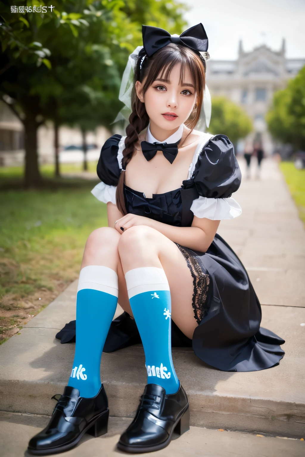 (((masterpiece))), (((highest quality: 1.4))), ((Super detailed: 1.4)) , Ulzzang-6500-v1.1, (RAW Photos:1.2), (Realistic), (See through:1.3), (masterpiece), (Genuine:1.4), Very detailed, Sharp focus, Tensura:bright valentine、One beautiful woman, ((Beautiful, shiny silver grain、Detailed face、((Right eye is red、Bright blue left eye))、Gothic Lolita Maid Clothing、Knee-high socks、