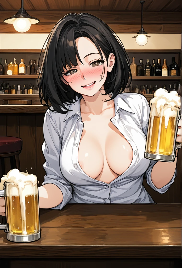 masterpiece, best quality, cowboy shot, mature woman, bob hairstyle, black hair, mature face, hot face, drunk, sharp eyes, medium breasts, curvy body, hazel eyes, unbuttoned white shirt, looking at viewer, very close to viewer, face to face, tough appearance, in the bar, holding beer, sitting across table
((looking drunk),