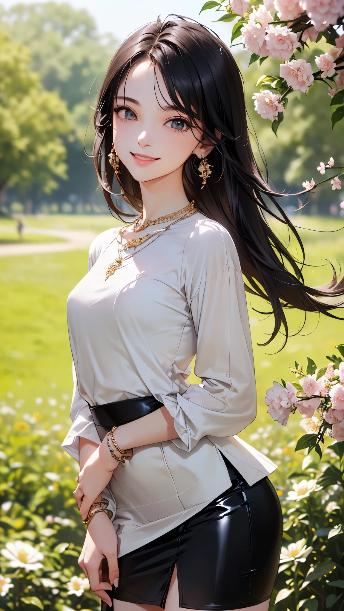 ((Biologically correct limb count))、((Full Body Shot, Full-body photo including face、Head to toe photos))、4K、masterpiece、((Focus on the face))、((Symmetrical facial features))、Eyes of meticulous depiction、Beautiful woman、Excellent style、Beautiful feet、(Black Stockings、High heels with anklets)、Detailed depiction of the face、Small earrings、necklace、((Close-up photo of the upper body))、(Latex shirts、Latex skirt)、Scenery of a park with seasonal flowers in full bloom、(smile)、