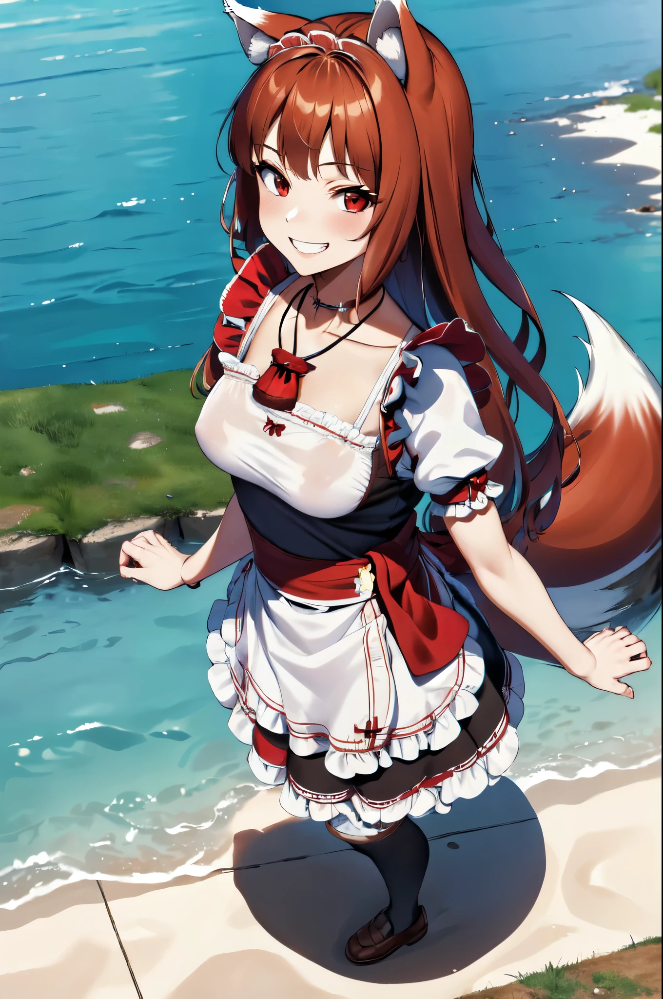 masterpiece, best quality, highres, 1girl, long hair, brown hair, animal ears, red eyes, (wolf tail), (maid, sexy maid uniform), necklace, sash, pouch, smile, grin, ((future sci-fi landscape)), holding in hands, standing