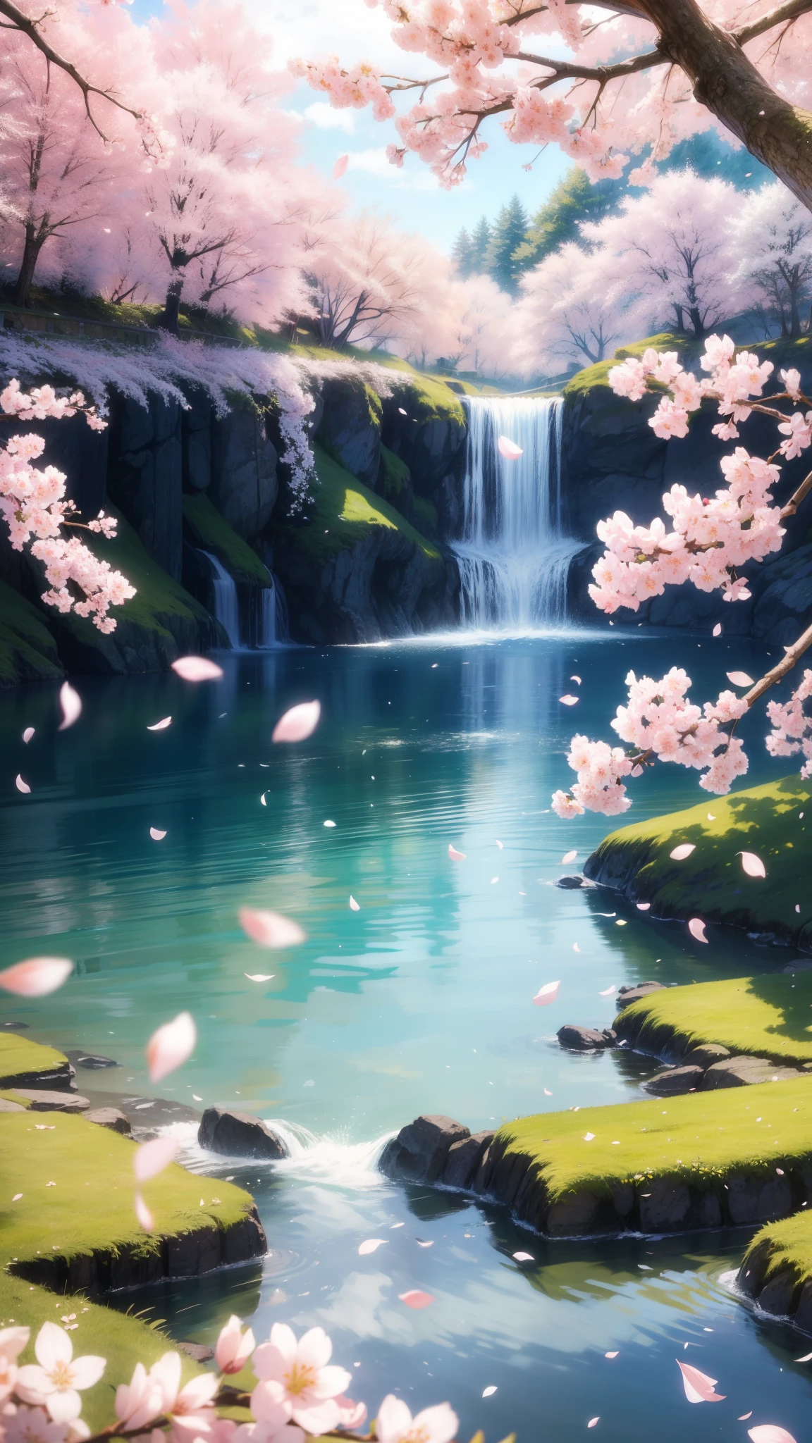 The spring scenery comes into view。Cherry blossom petals fluttering and dancing on the water、It sways gracefully as if being lured by the wind.。Pale pink petals、It blends beautifully with the blue sky reflected on the water.、Feel the coming of spring。Warm sunlight on the tree々Through the gap、The way the soft curtain of light falls on the ground along with the petals、It&#39;s the very breath of spring.