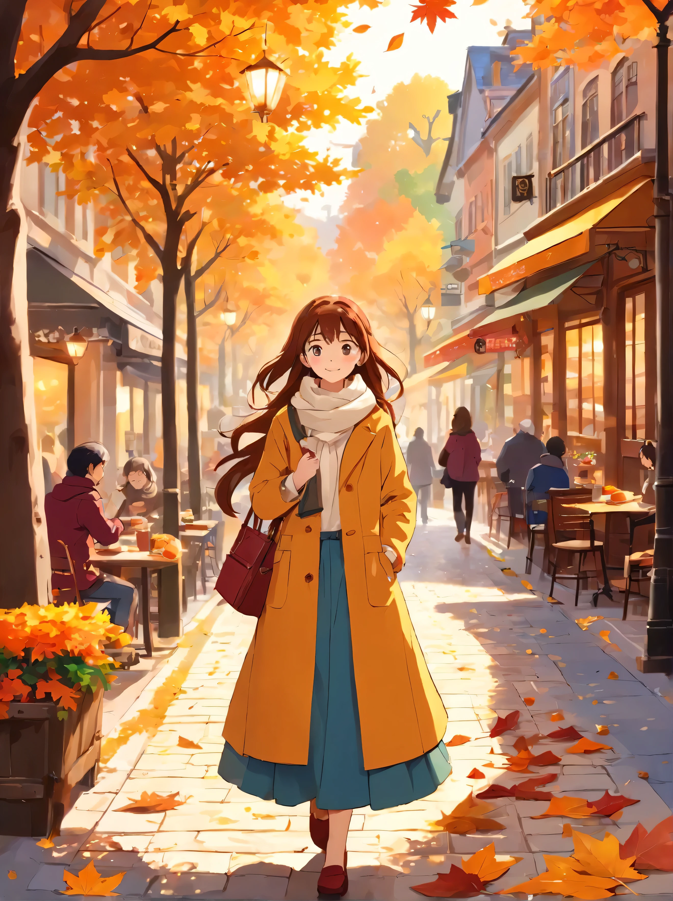 (Best quality,4K,8K,A high resolution,Masterpiece:1.2),(paper art:1.2，The art of paper:1.3)，Ultra-detailed,(Realistic,Photorealistic,photo-realistic:1.37),Autumn Street,illustration,Beautiful autumn colors,Vibrant foliage on sidewalks and streets,Cozy atmosphere,Fresh air,People strolling on the sidewalk,Warm golden sunlight pours down through the trees,Seasonal décor adds charm and warmth,The leaf-covered ground crunched under the sound of footsteps,Nostalgic architecture with intricate details,Narrow cobbled streets wind through the city,Historic building with colorful facades,Bustling café，Outdoor seating available,People enjoy hot drinks and chat,Fallen leaves swirl in the breeze,Soft shadows cast by trees,Picturesque town square，There is a majestic fountain,The leaves float gently in the water,Fallen leaves form a natural carpet,The artist captures the scene on canvas,The autumn fragrance of cinnamon and baked goods wafts from a nearby bakery,Endless trees in blooming autumn splendor,leaves rustling in the wind,Autumn Fashion，Wear yours with a cosy scarf and jacket,People stop to photograph the picturesque landscape,Children playing in piles of leaves,Autumn harvest displayed at the local market,Spontaneous street performances spread joy and laughter,Friendly smile and warm greeting,Fallen leaves dance in the sun,a peaceful and serene atmosphere,Enjoy the tranquility of bright colors,The magical atmosphere that captures the essence of autumn.