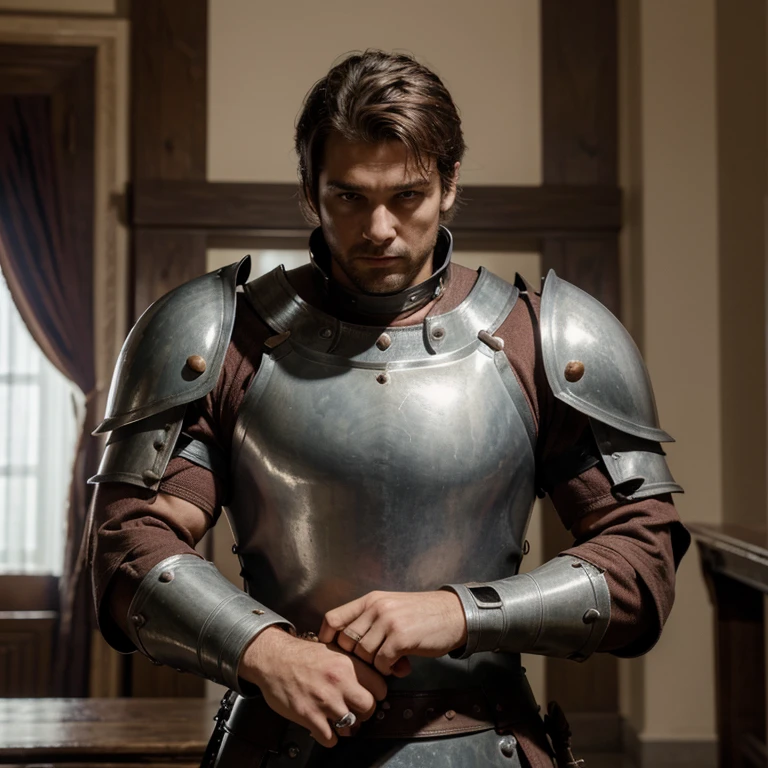 A strong knight raises his arm and index finger, middle finger and ring finger are binded while thumb and pinky finger are binded in bottom