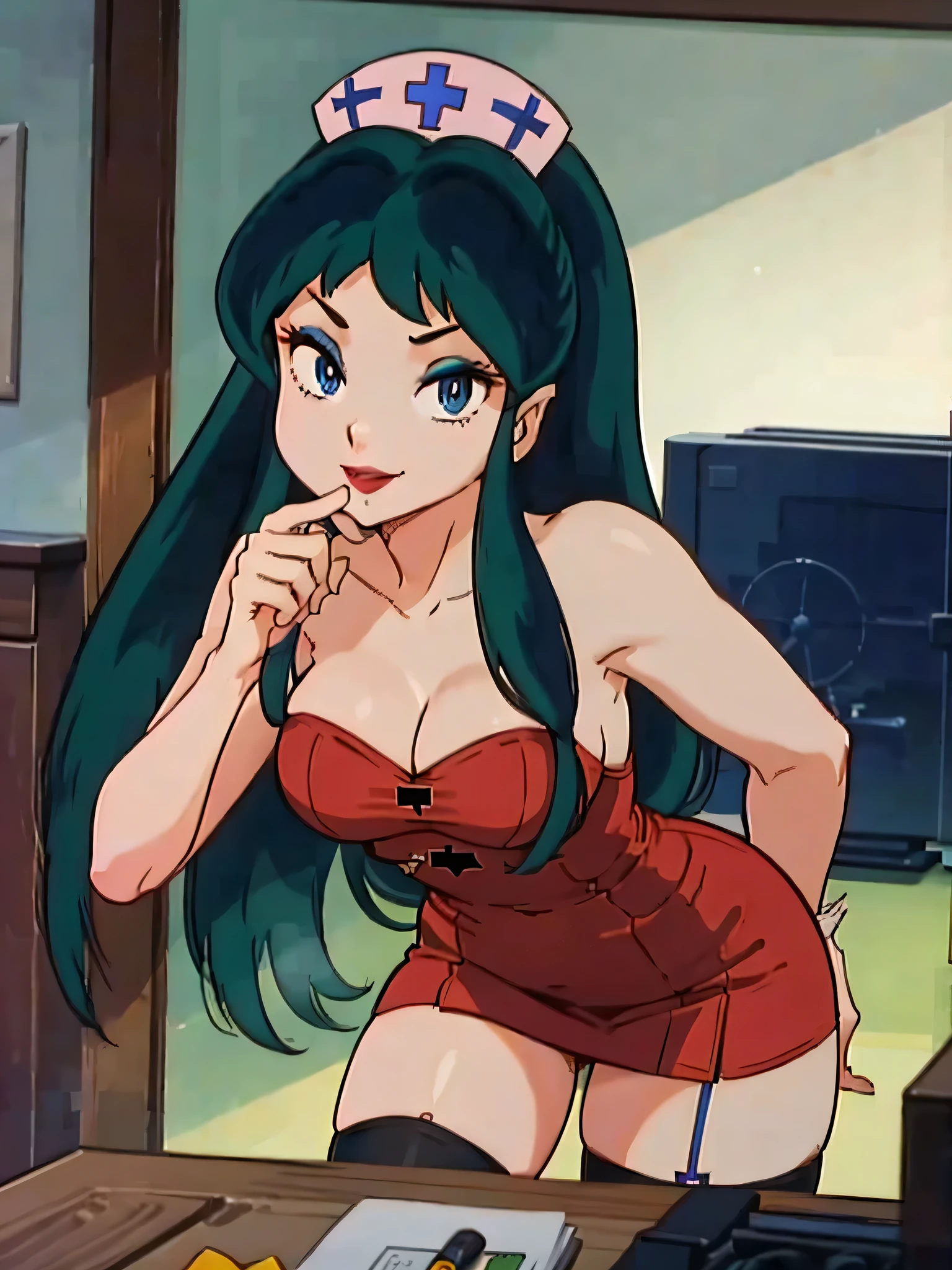 masterpiece, (best quality: 1.2), long hair, blue eyes, green hair, worns, big breasts, evil_smile, sexy, ((nurse)), red lipstick, looking_at_viewer, seducing a boy, fishnet stocking
